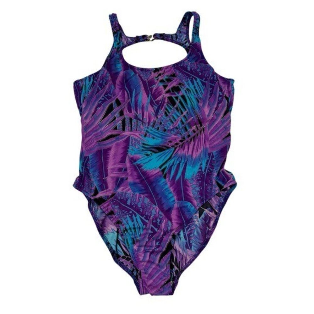 Vintage Venus Swimwear XL Tall One Piece Purple Vibrant Open Back Tropical 80's